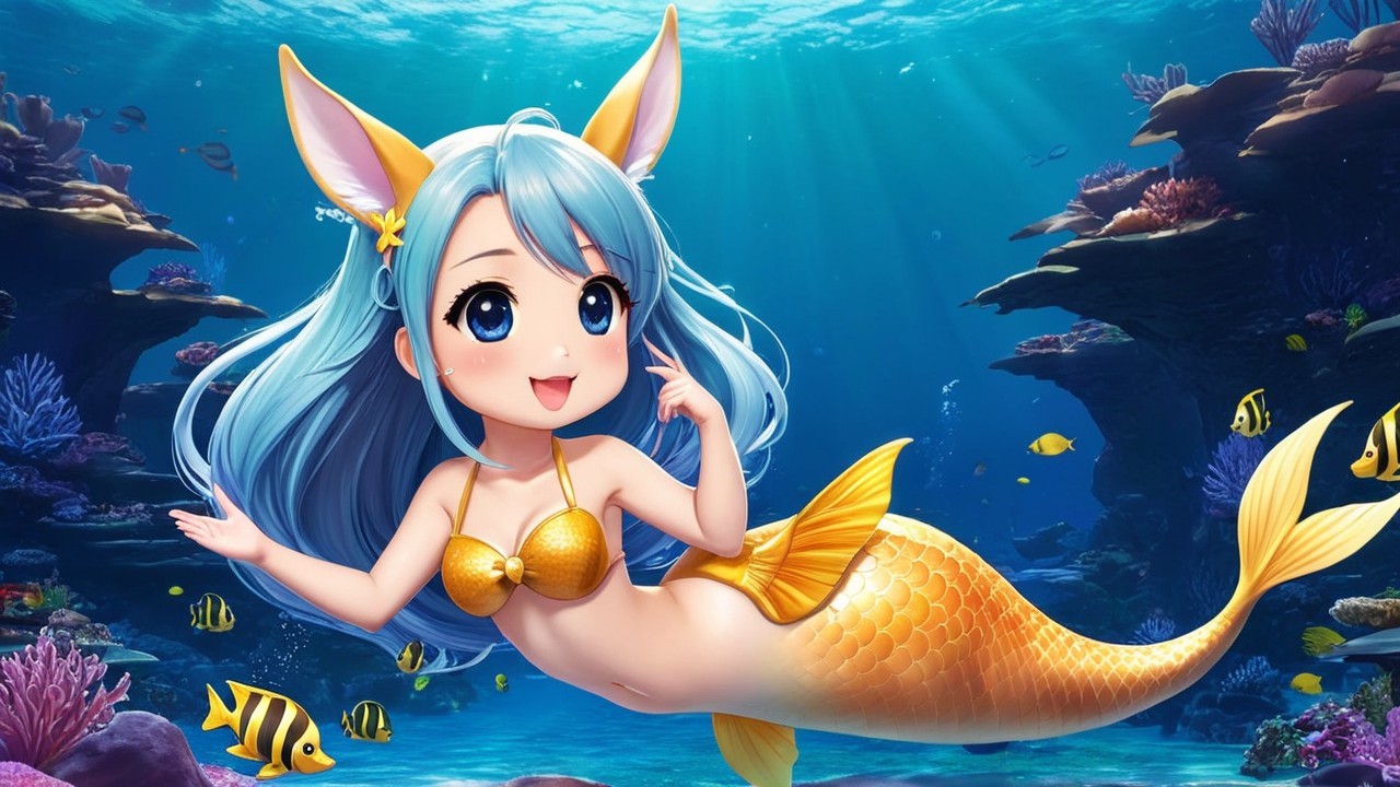 Cheerful animated mermaid in vibrant underwater scene