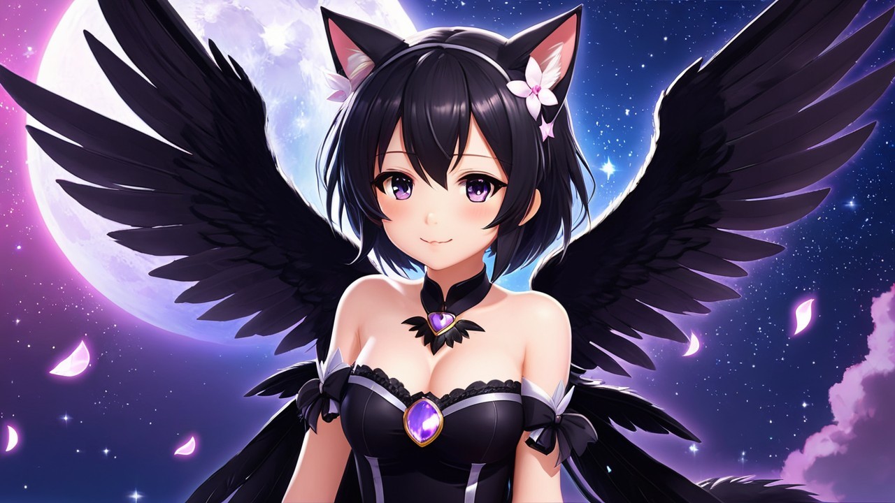 Anime Character with Cat Ears and Dark Wings