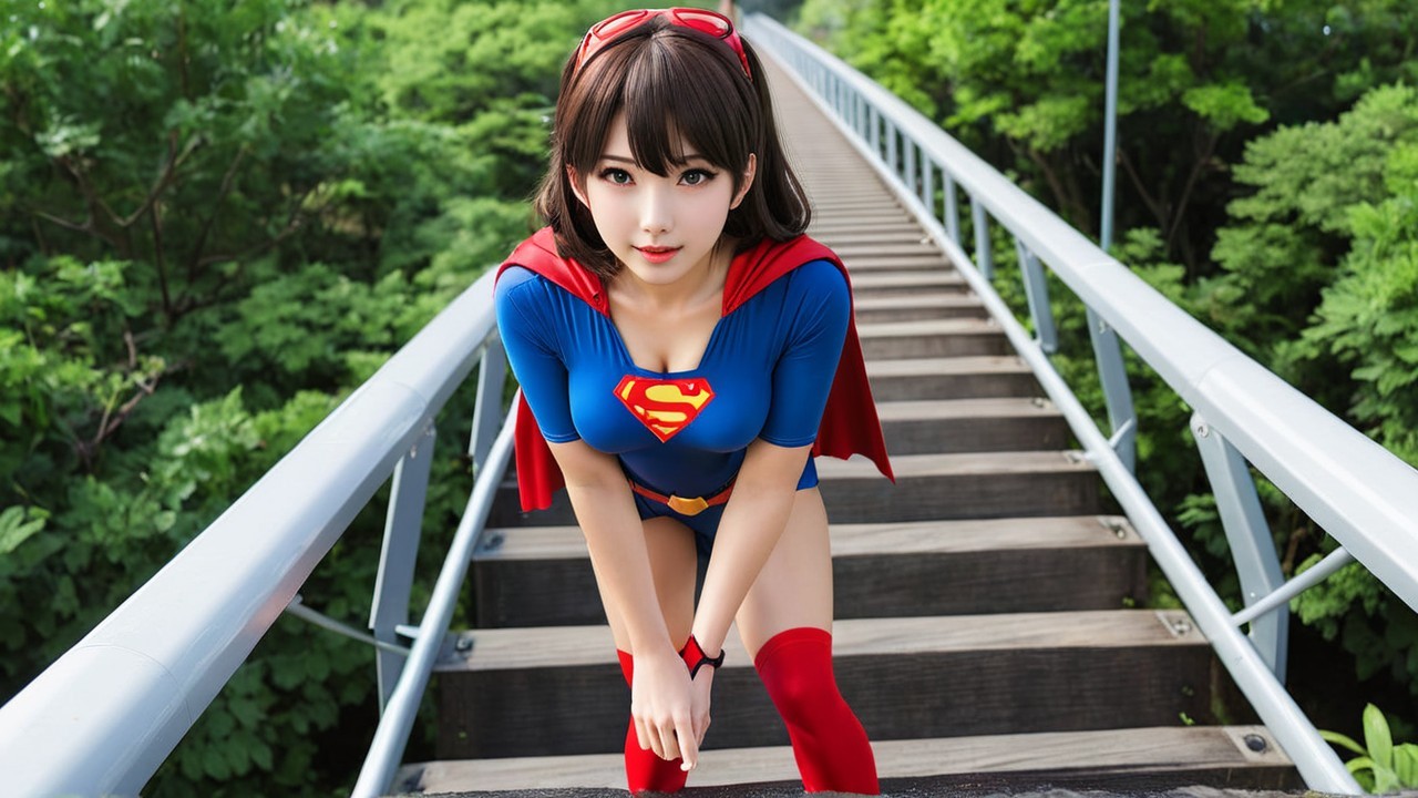 Young Woman in Superhero Costume on Staircase