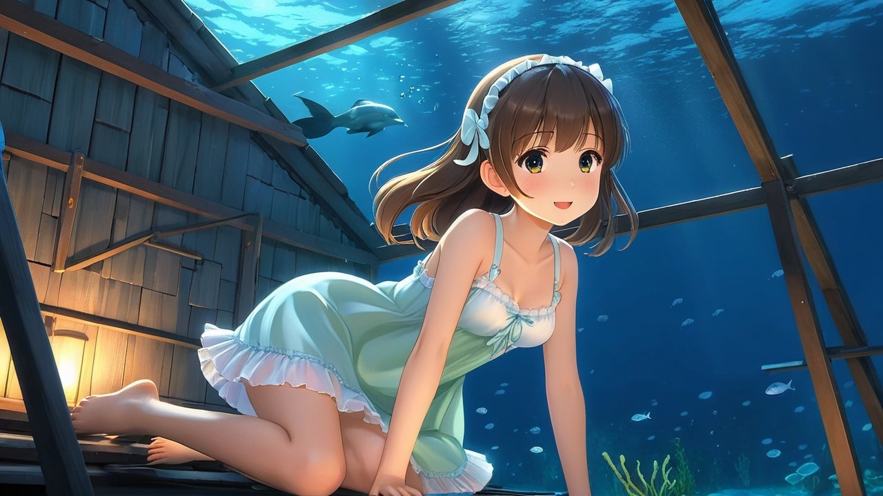 Cheerful girl in nightgown exploring underwater scene
