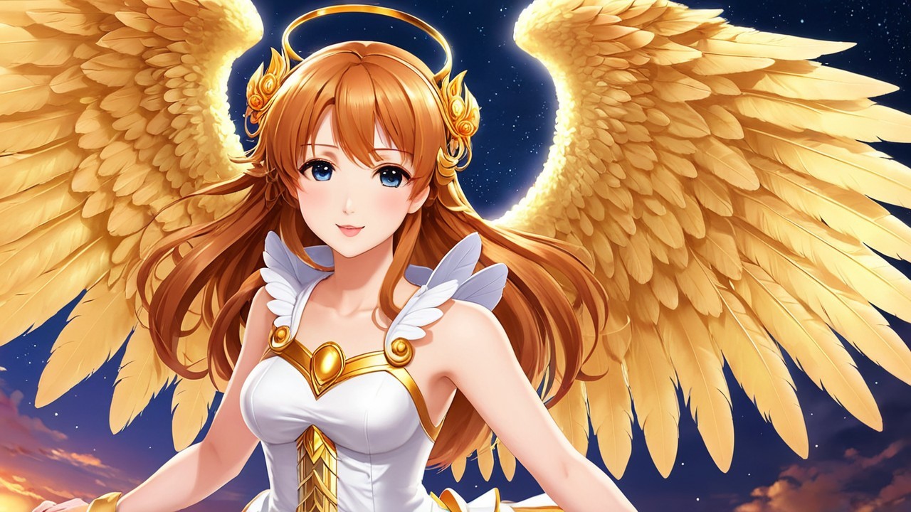 Celestial Figure with Golden Wings Against Starry Sky