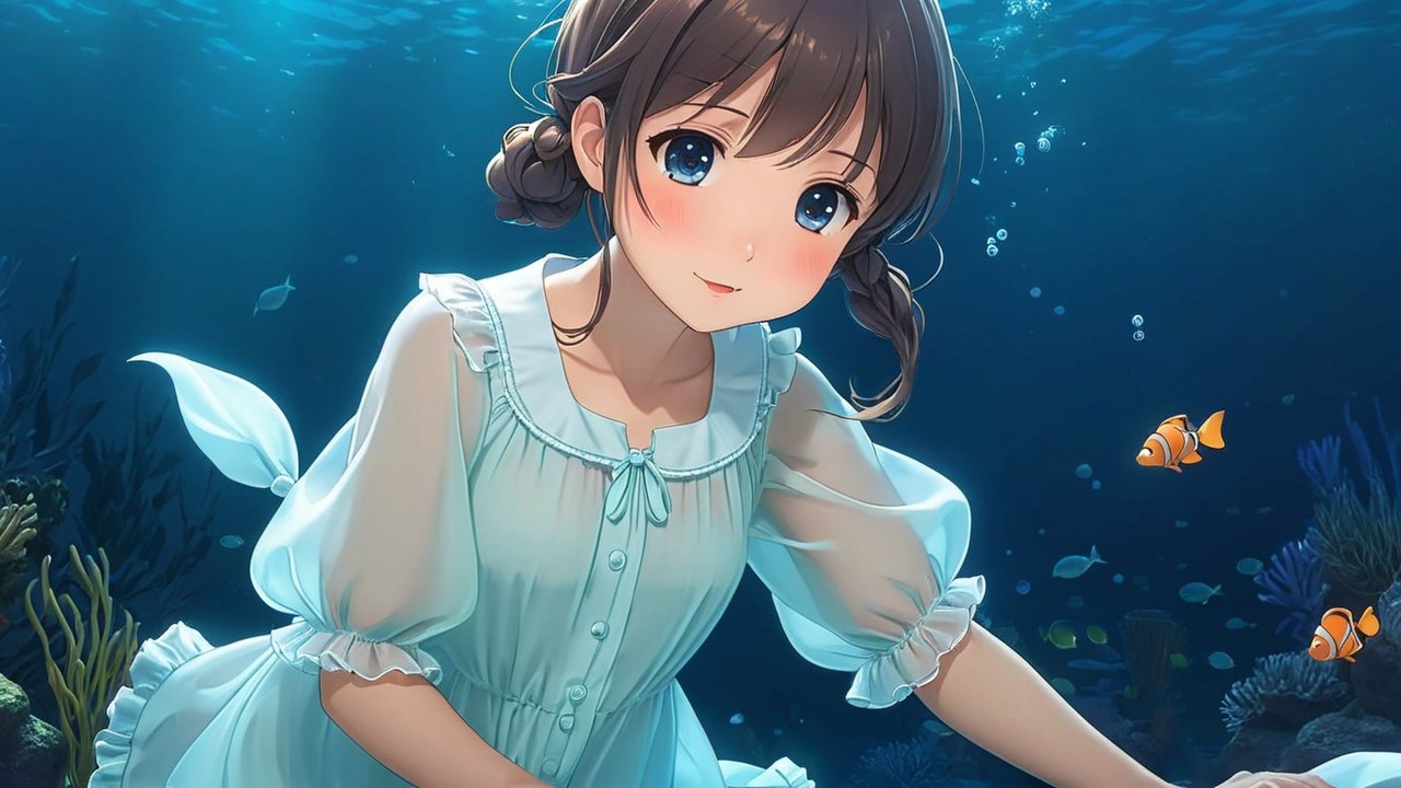 Young girl in blue dress exploring vibrant underwater scene