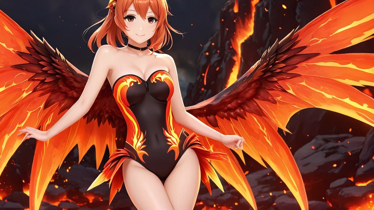 Character with Flame-Inspired Wings and Black Outfit