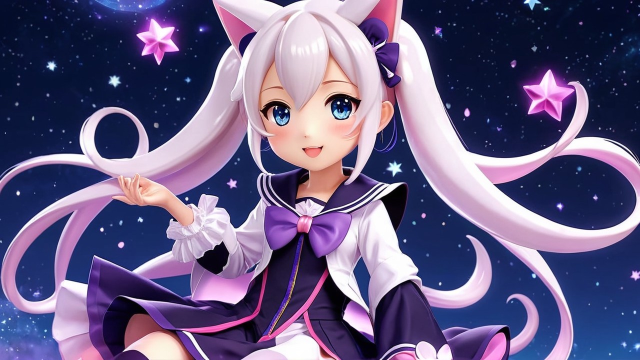 Cute Animated Character with Silver Hair and Cat Ears