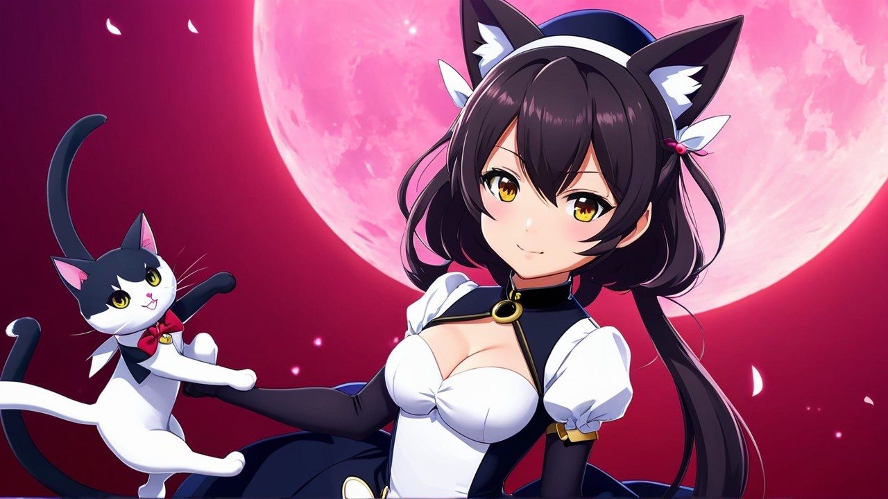 Whimsical Anime Character with Cat Ears and Moon Background
