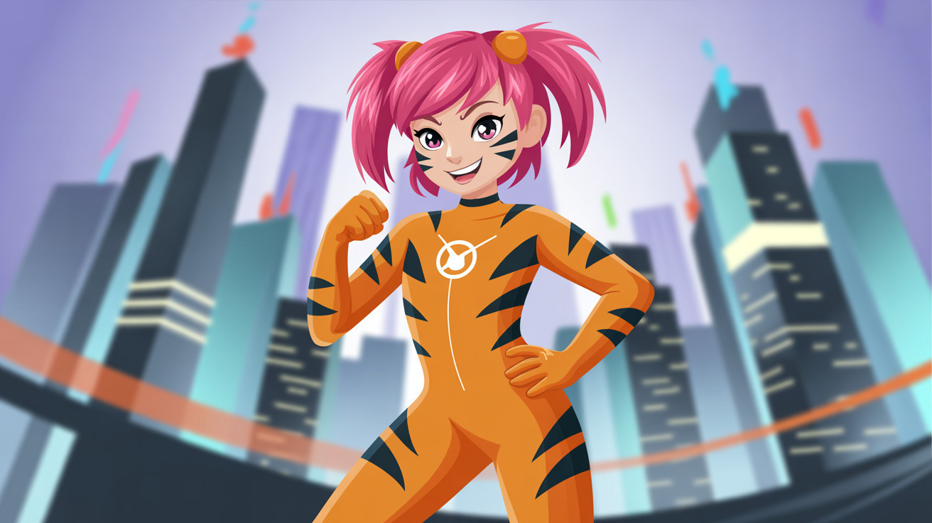 Joyful girl superhero in orange tiger-striped suit