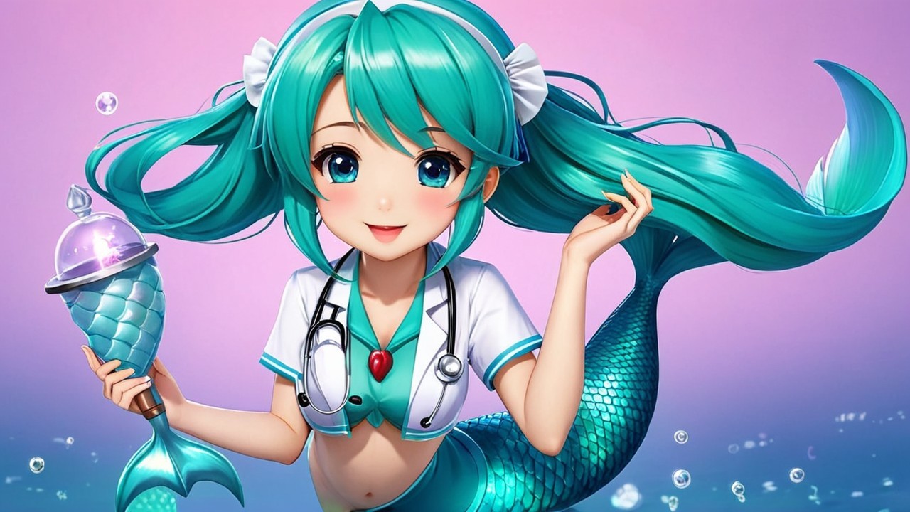 Vibrant Mermaid with Aqua Hair and Ice Cream Cone
