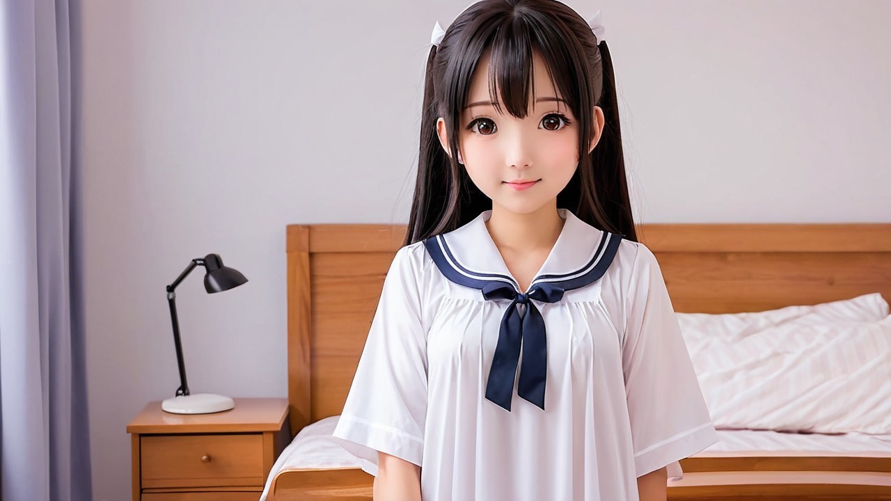Young girl in school uniform in softly lit bedroom