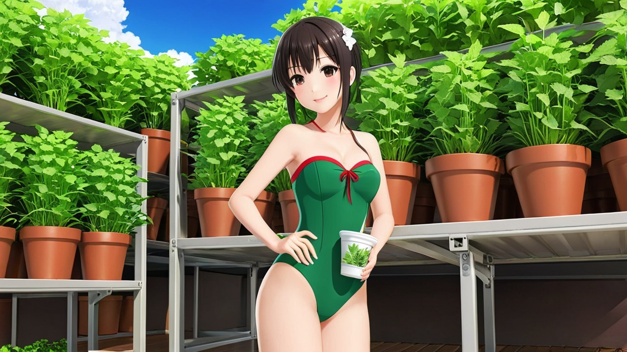 Cheerful Girl in Green Swimsuit Amidst Lush Greenery