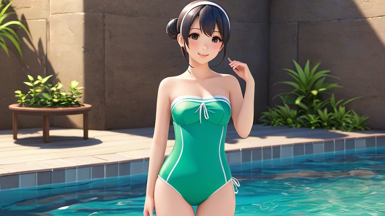 Young Woman in Green Swimsuit by Tropical Pool