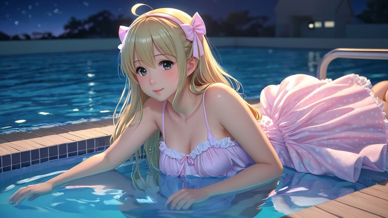 Young woman in pink dress by a starry poolside