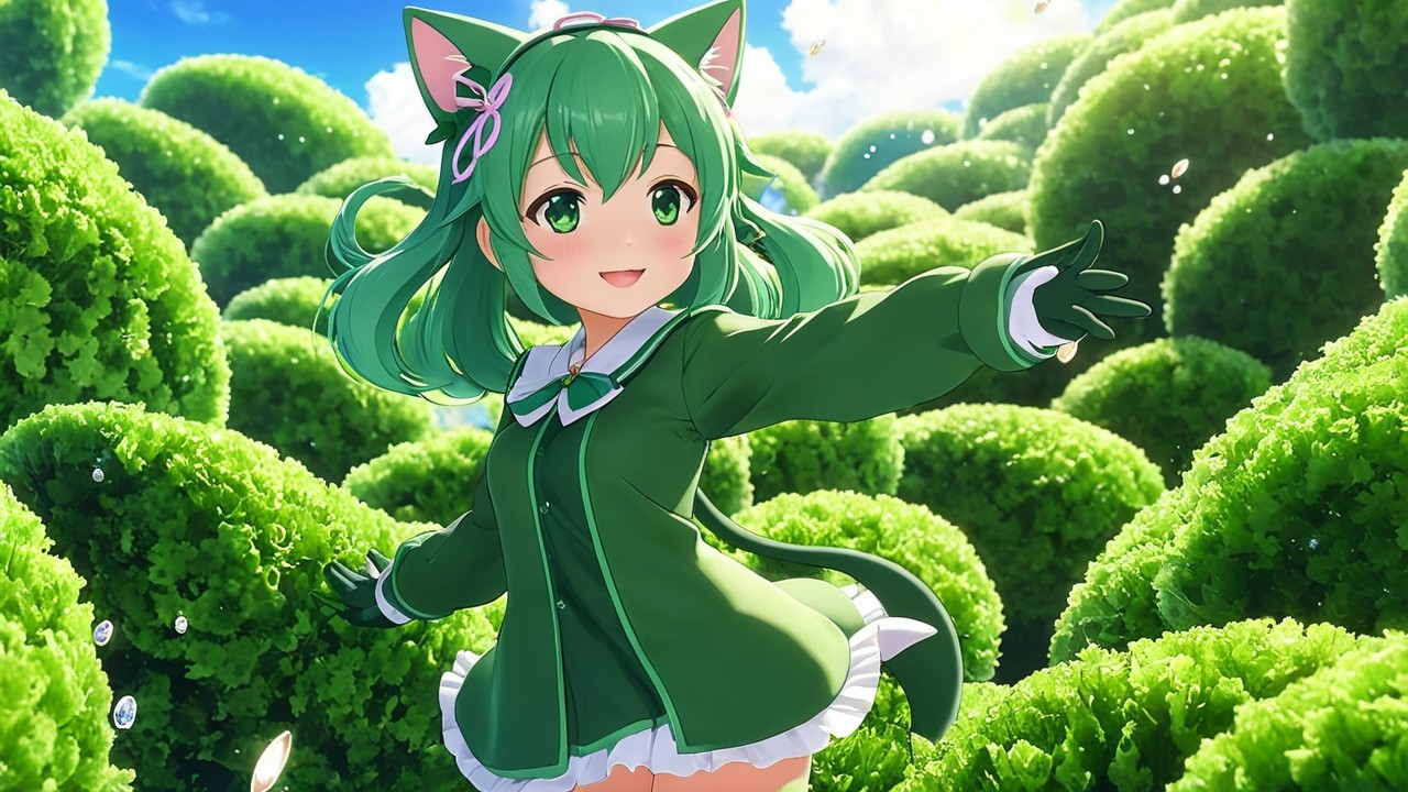 Anime Character with Green Hair in Lush Landscape