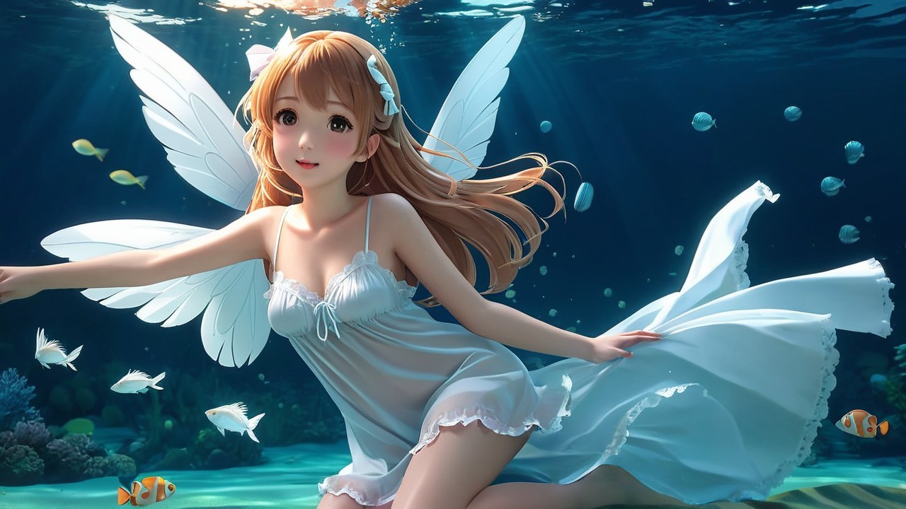 Underwater Scene with Fairy-Like Woman and Fish