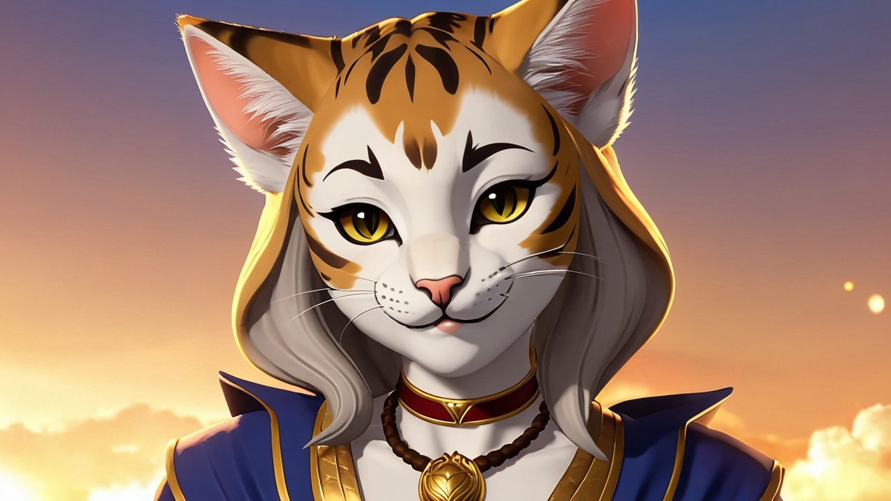 Stylized Feline Character with Tiger Markings and Sunset