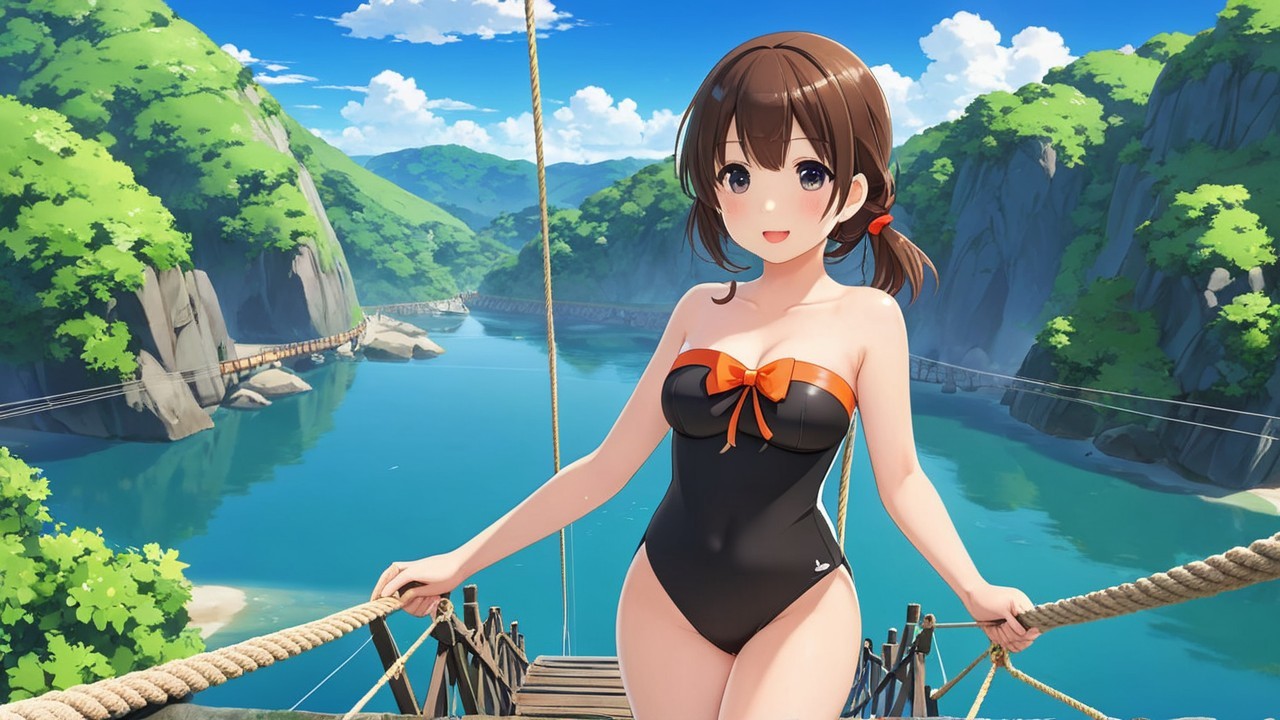 Cheerful girl in black swimsuit on rope bridge over river