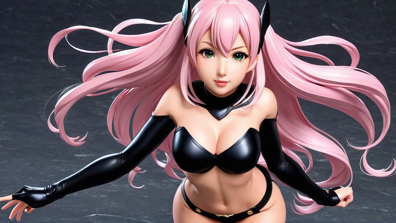 Character with Long Pink Hair and Green Eyes in Black Outfit