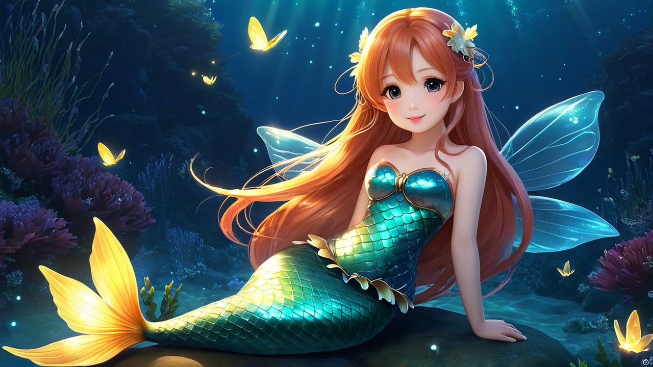 Whimsical Underwater Scene with Mermaid and Butterflies