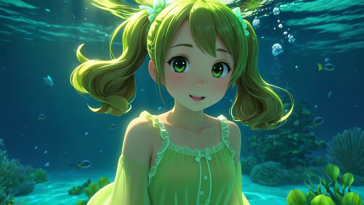 Underwater Scene with Cheerful Girl and Colorful Fish