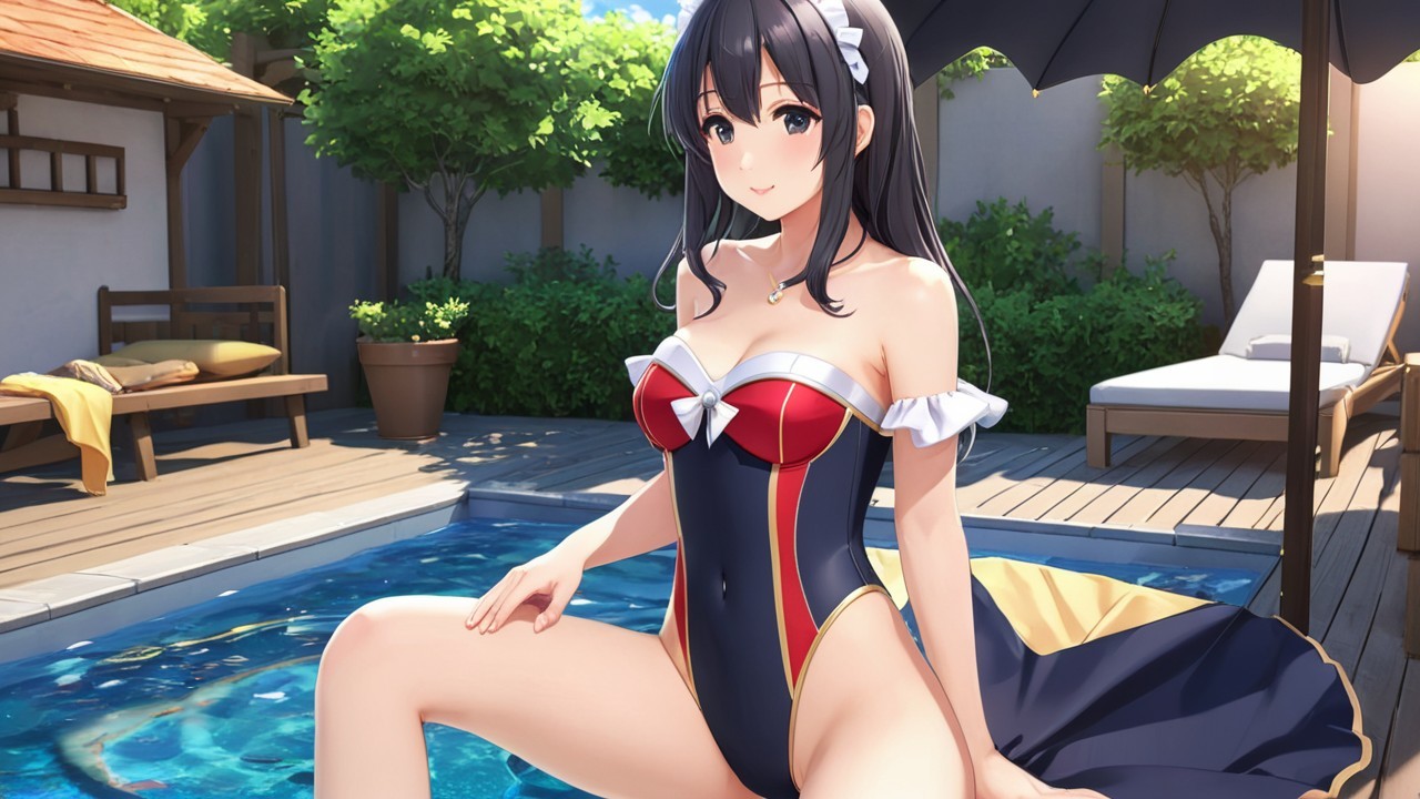 Young Woman by Pool in Stylish Swimsuit and Umbrella