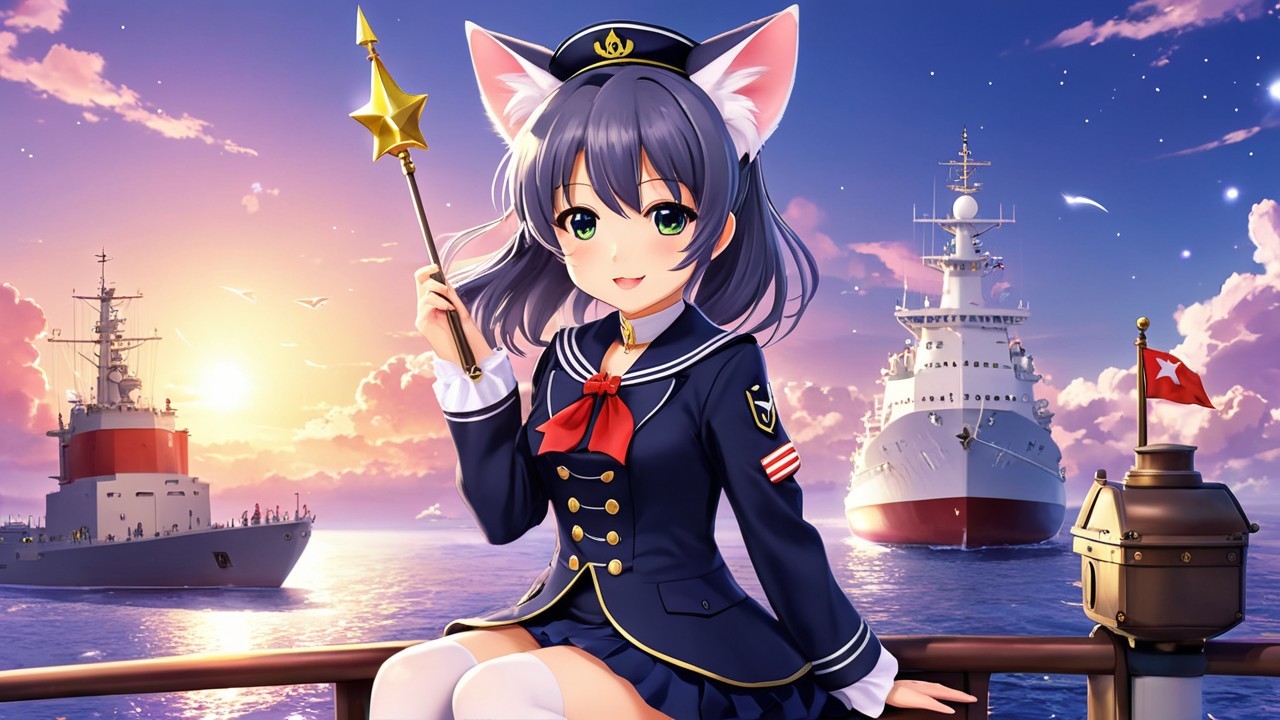 Whimsical anime character on ship at sunset