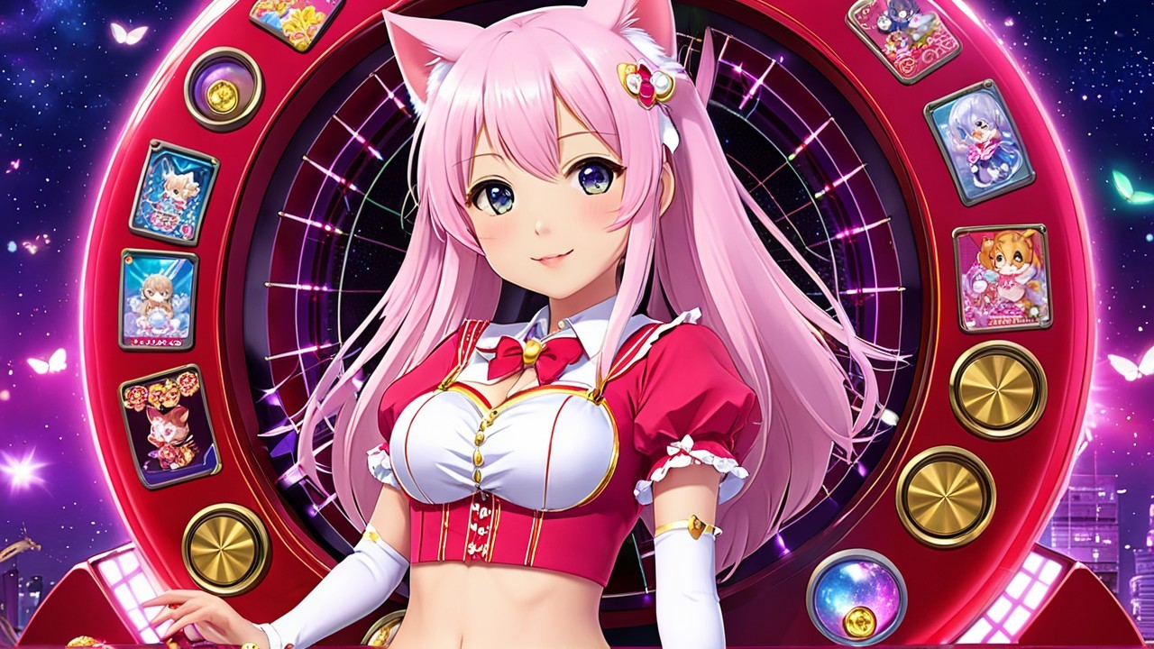 Vibrant anime character with pink hair and casino theme