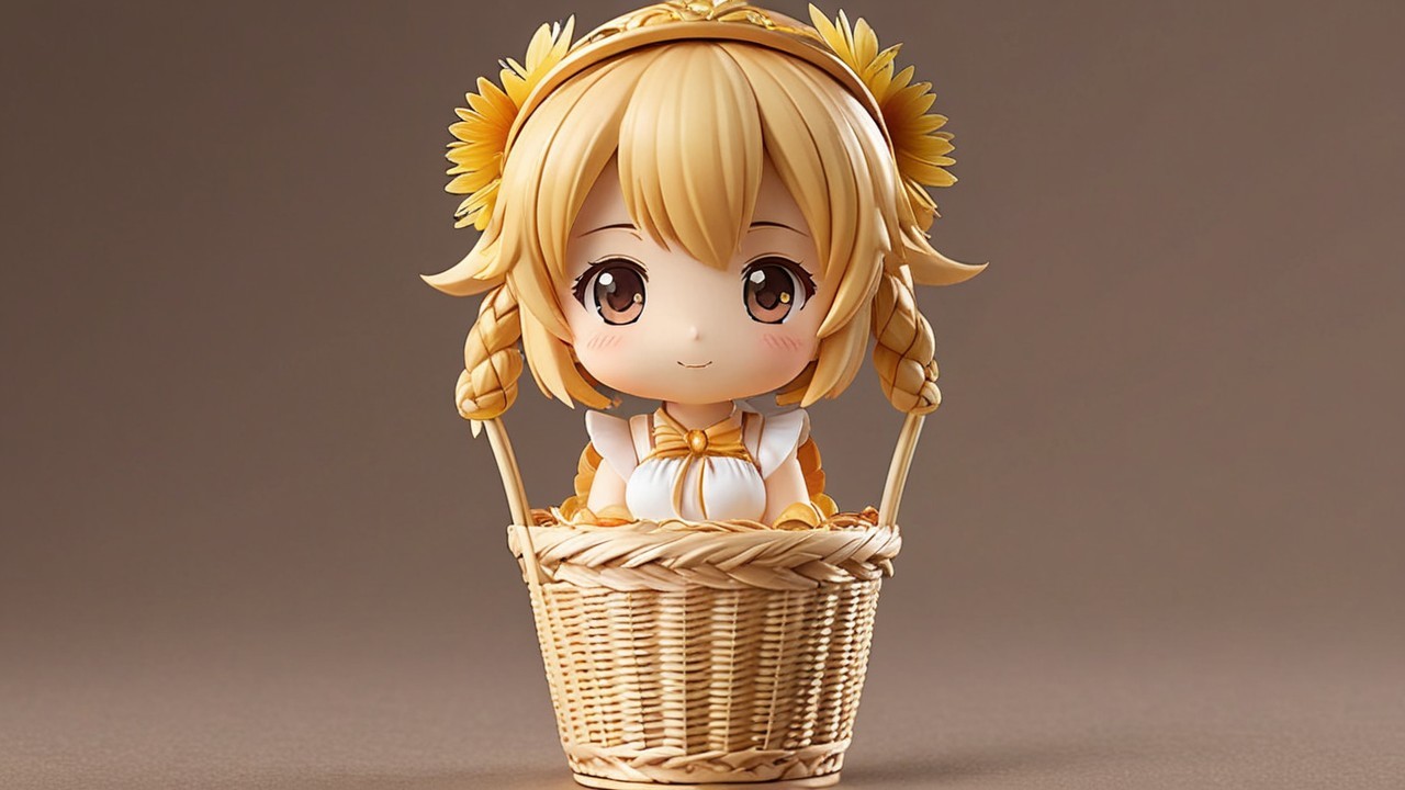 Chibi-Style Girl with Sunflowers in a Basket