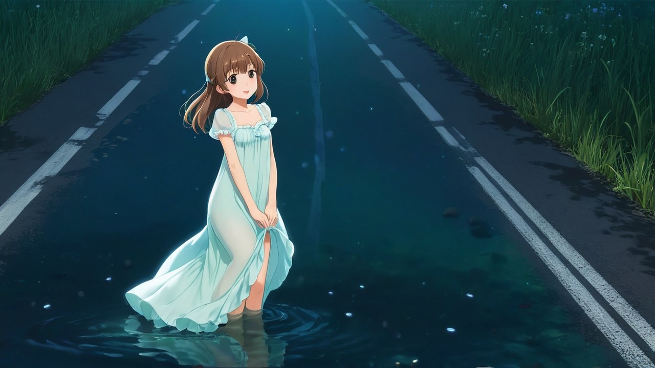 Young girl in nightgown on tranquil water road