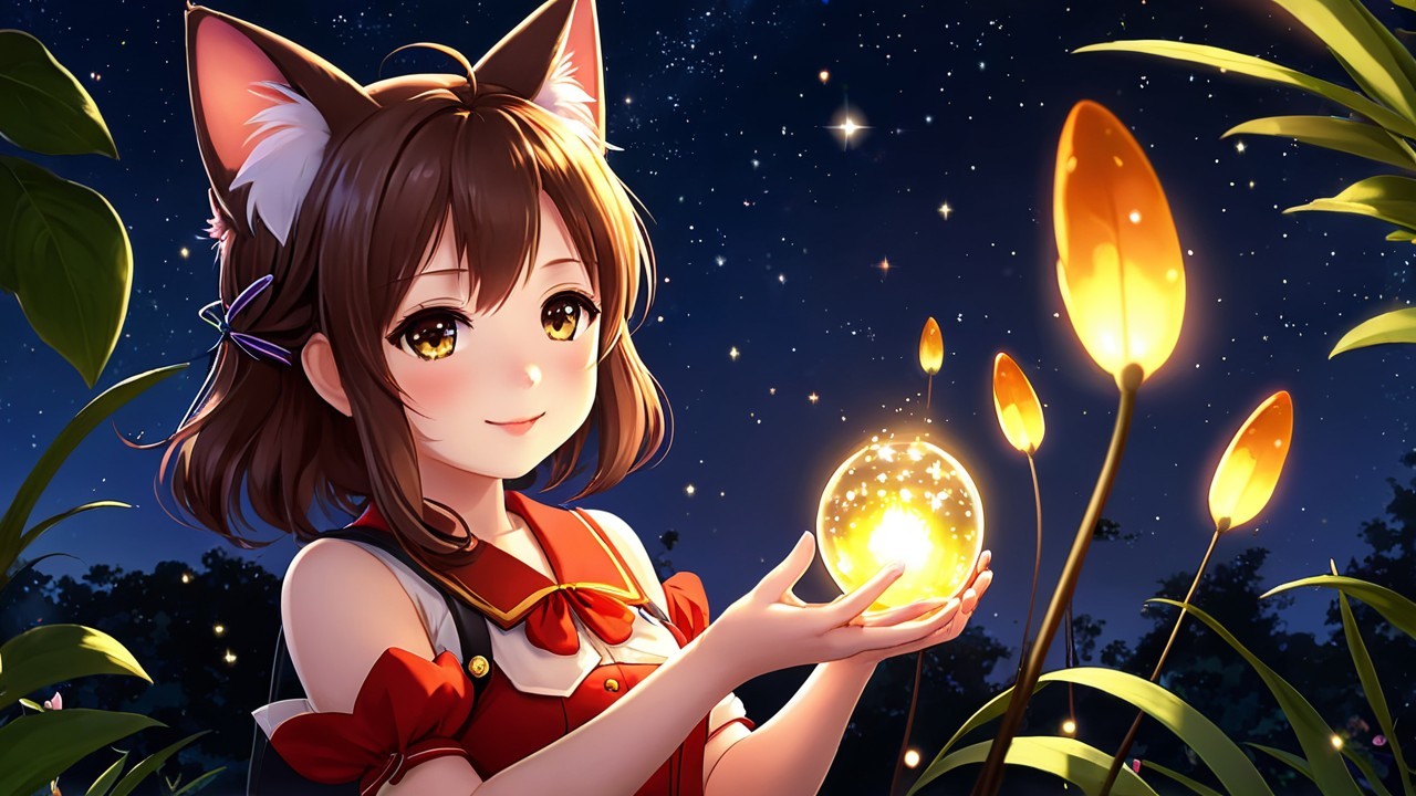 Young girl with cat ears holds glowing orb in flowers