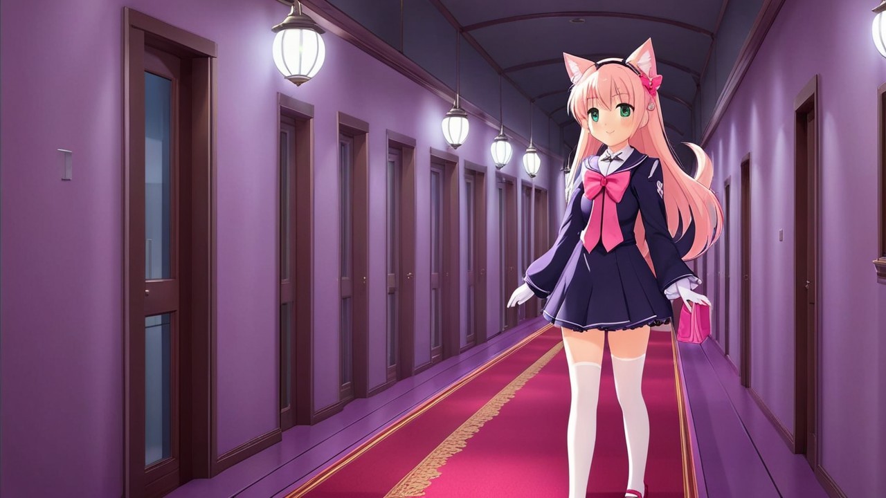 Anime Girl in Purple Corridor with Cat Ears