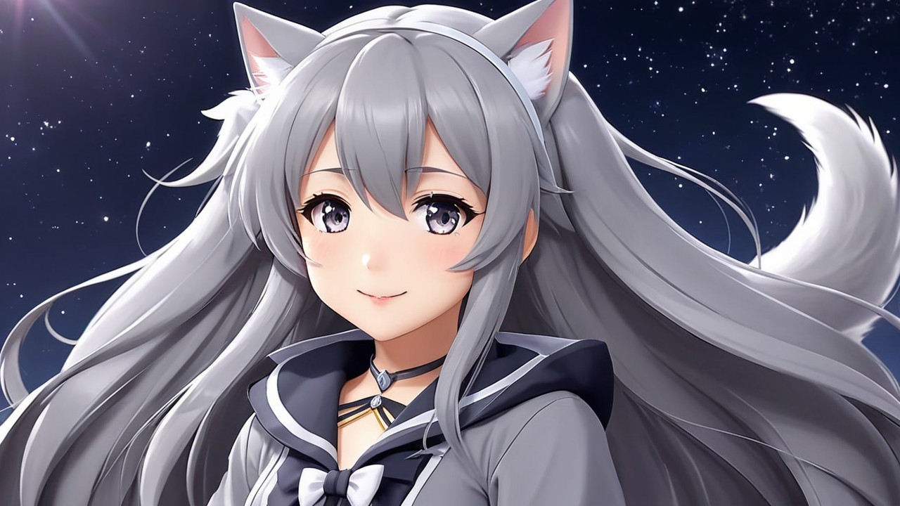 Character with Silver Hair and Cat Ears in Starry Sky