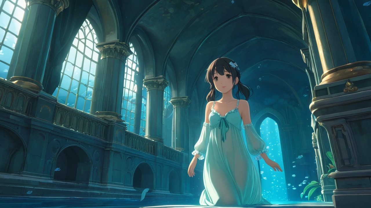 Underwater Scene with Girl in Light-Green Dress