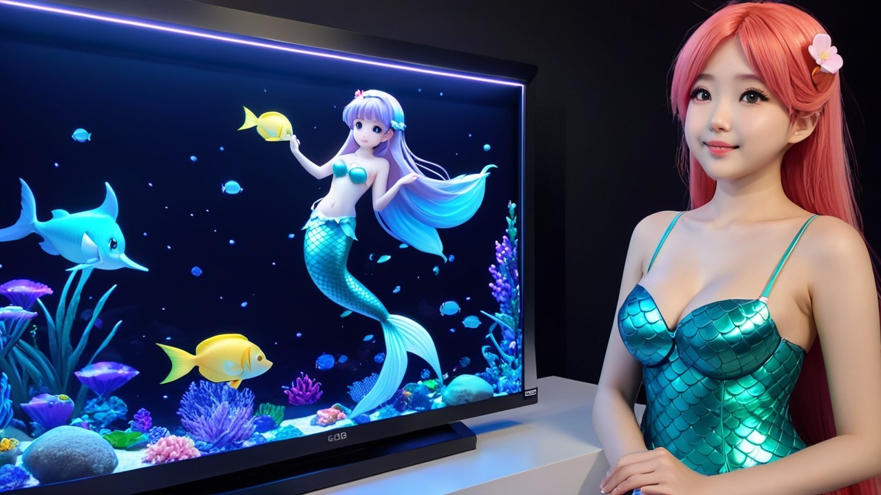 Young woman with pink hair by colorful TV display