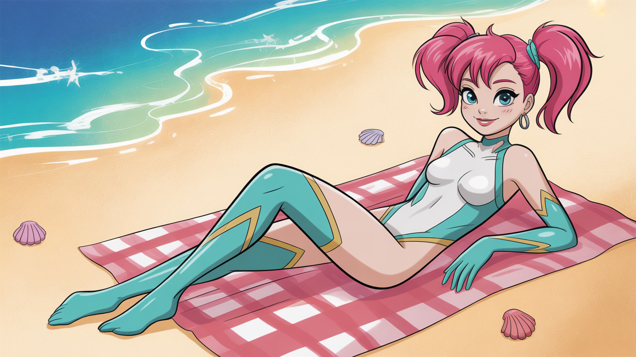 Anime girl in white swimsuit on beach towel by ocean