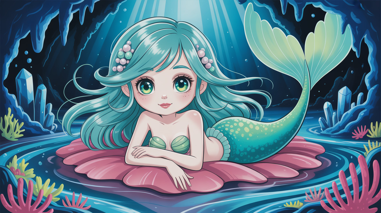 Cartoon Mermaid in Underwater Grotto with Shells and Crystals