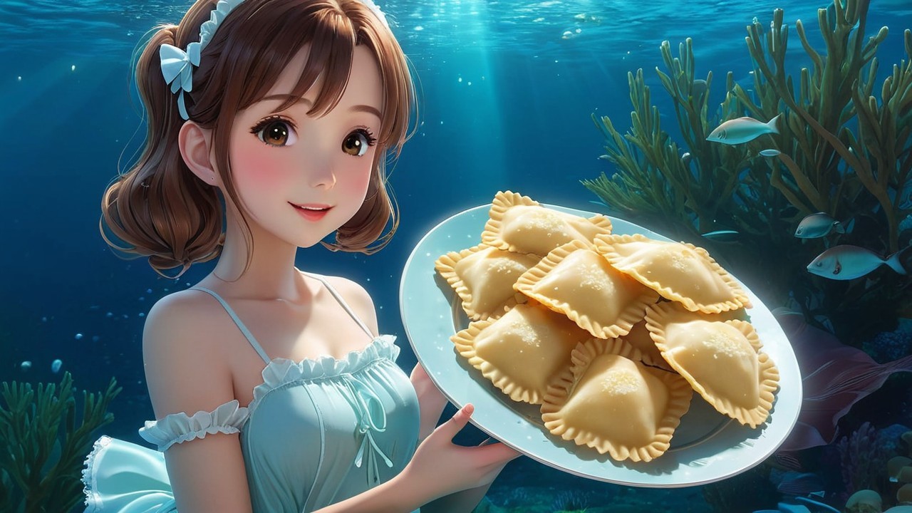 Underwater Scene with Woman and Colorful Dumplings