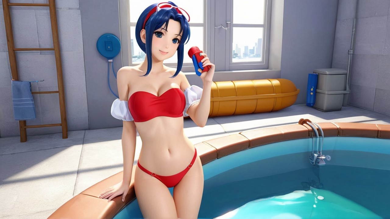 Vibrant Animated Character by Pool in Red Bikini