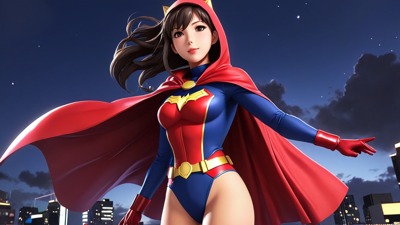 Superheroine in Vibrant Costume Against City Skyline