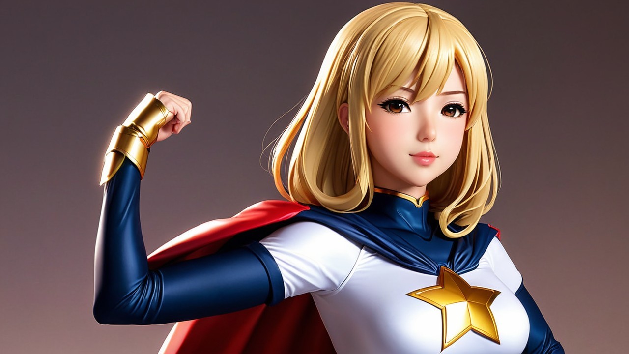 Confident Female Superhero in Blue and White Costume