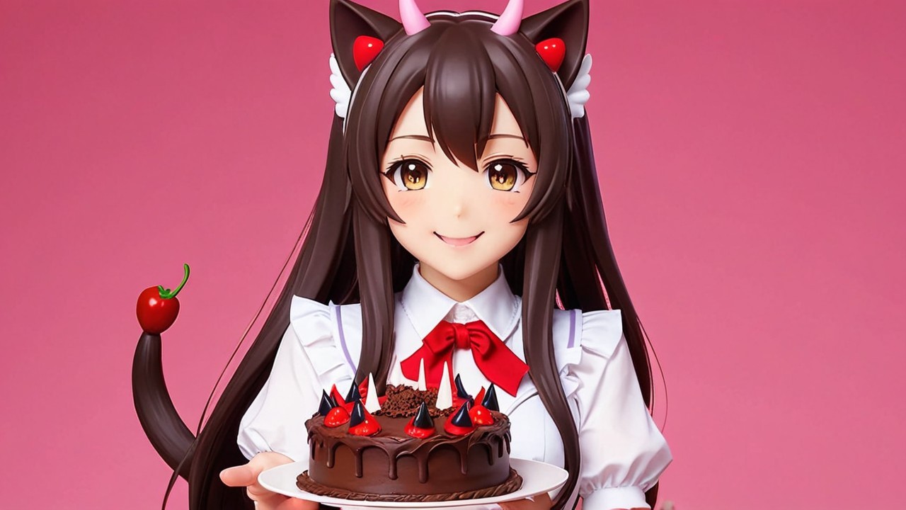 Cheerful anime character with cake and cat ears