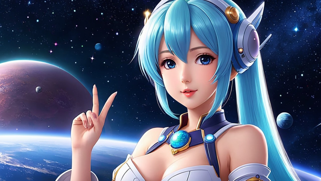 Futuristic character in cosmic setting with blue hair