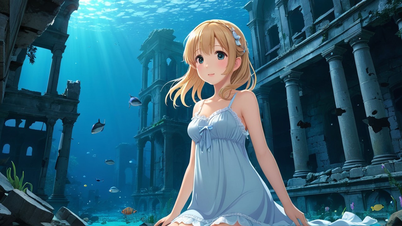 Underwater Scene with Young Woman Among Ancient Ruins