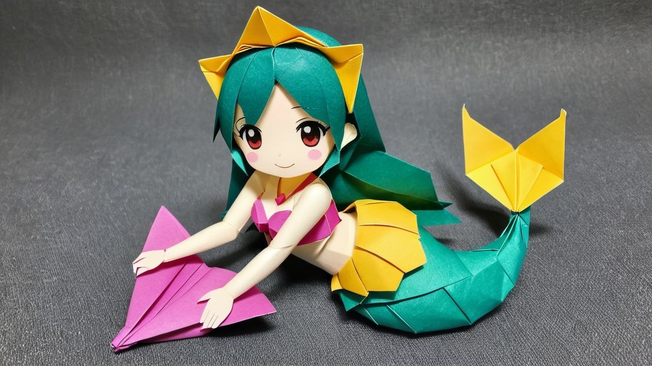 Colorful Origami Mermaid Character with Paper Airplane