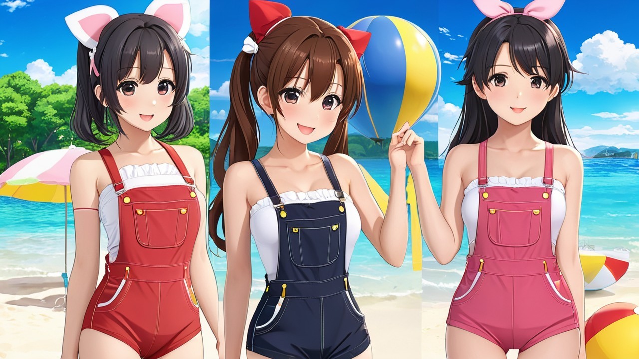 Anime Characters in Colorful Overalls at Beach Scene