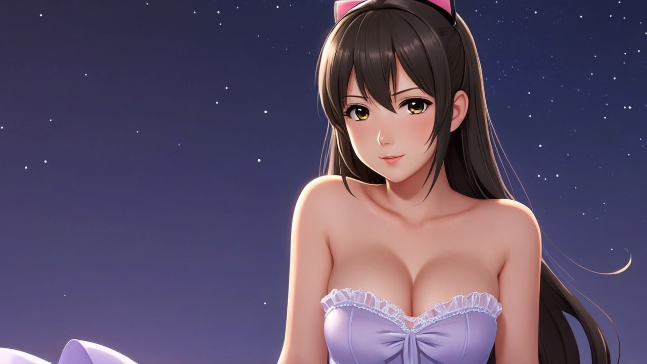 Young woman in lavender outfit in starry night scene