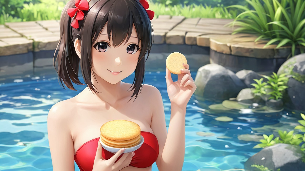 Cheerful girl in red bikini by serene pool with cookies