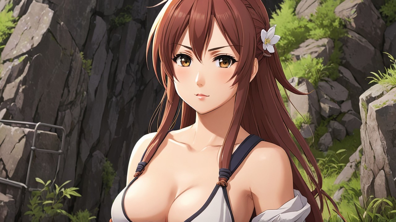 Anime Character in Nature with Brown Hair and Flower