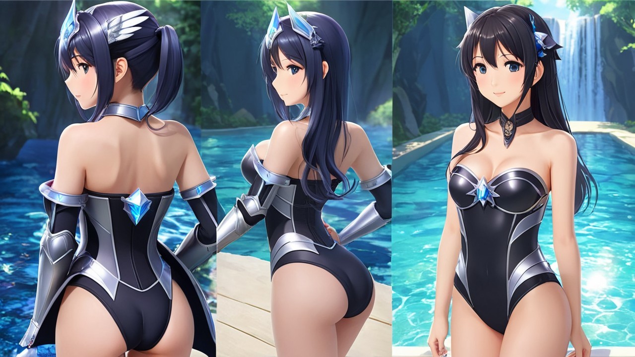 Anime Character in Elegant Black Swimsuit by Pool