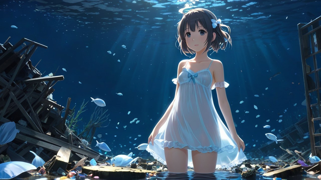 Young girl in serene underwater scene with fish
