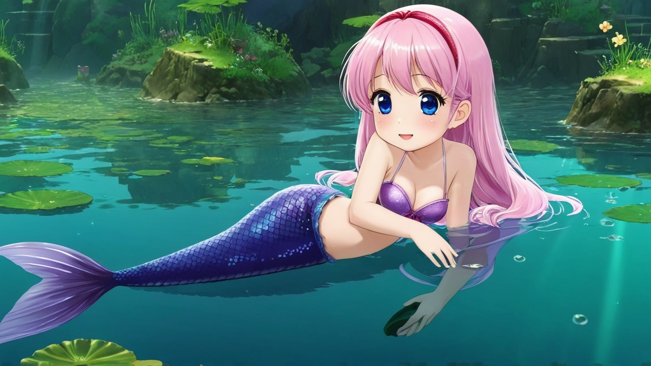 Anime-style mermaid with pastel pink hair in water