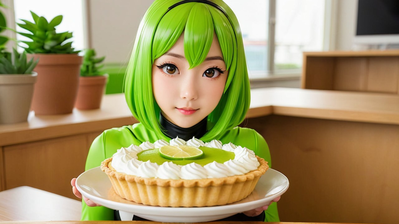 Vibrant Green Hair Character with Lime Pie Display